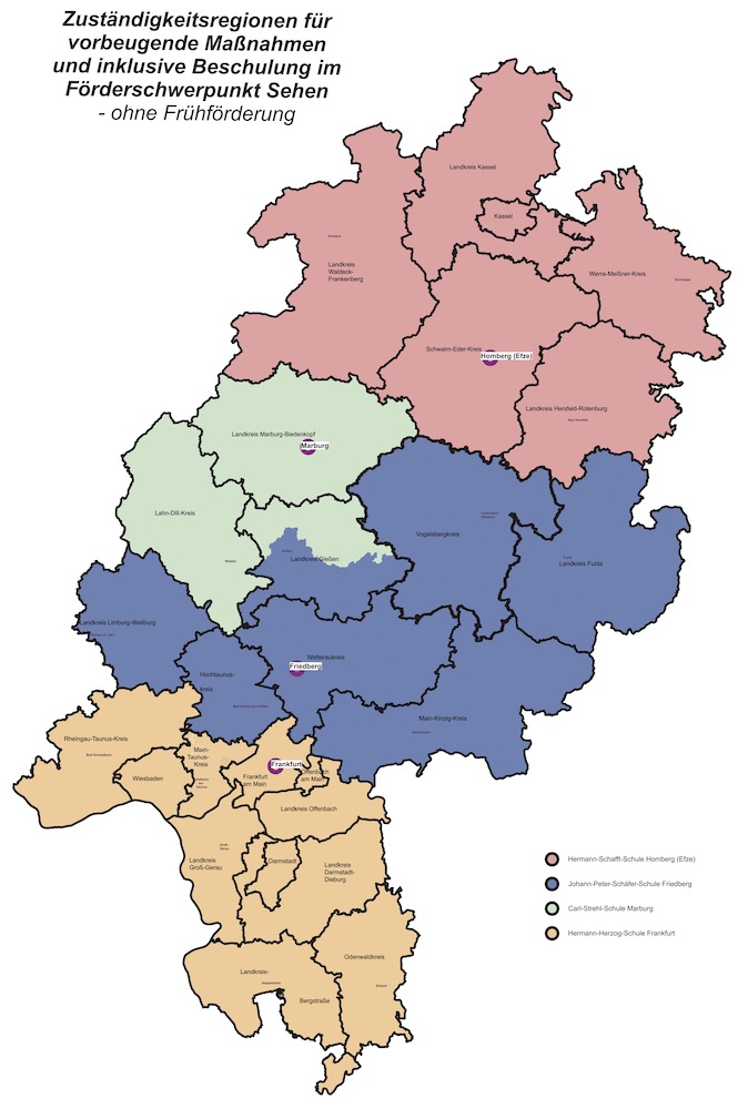 Hessenkarte mit farblich gekennzeichneten Zuständigkeitsregionen der 4 Überregionalen Beratungs- und Förderzentren im Förderschwerpunkt Sehen in Hessen. Hermann-Schafft-Schule Homberg: Landreis Waldeck-Frankenberg, Schwalm-Eder-Kreis, Landkreis und Stadt Kassel, Werra-Meißner-Kreis und Landkreis Hersfeld-Rotenburg. Johann-Peter-Schäfer-Schule Friedberg: Vogelsbergkreis, Landkreis Fulda, Main-Kinzig-Kreis, südlicher Landkreis Gießen, Wetteraukreis, Hochtaunuskreis, Landkreis Limburg-Weilburg. Carl-Strehl-Schule Marburg: Landkreis Marburg-Biedenkopf, nördlicher Landkreis Gießen, Lahn-Dill-Kreis. Herman-Herzog-Schule Frankfurt: Frankfurt am Main, Main-Taunus-Kreis, Wiesbaden, Rheingau-Taunus-Kreis, Landkreis Groß-Gerau, Stadt und Landkreis Offenbach, Darmstadt, Landkreis Darmstadt-Dieburg, Landkreis Bergstraße, Odenwaldkreis