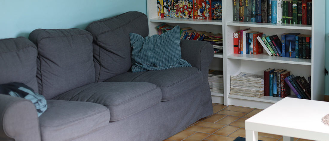 Ein gemütliches Sofa mit einem kleinen Tisch und einem Regal mit Büchern und einem DVD-Player.